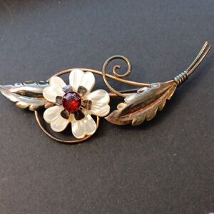 Vintage Flower Brooch With Red Stone
